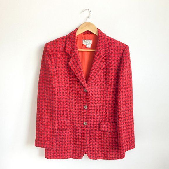 Vintage Italian Made Red Houndstooth Wool Oversized Blazer Women's US Size S - L - Picture 1 of 8